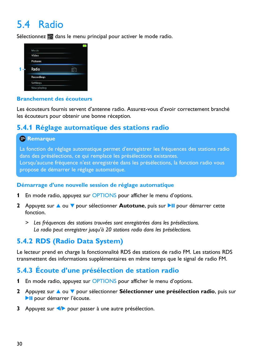 Philips SA5295BT manual 1 Réglage automatique des stations radio, RDS Radio Data System 