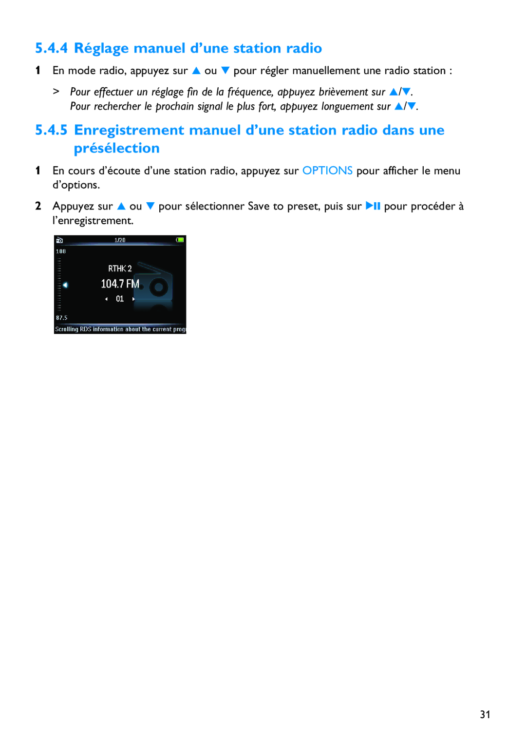 Philips SA5295BT manual 4 Réglage manuel d’une station radio 