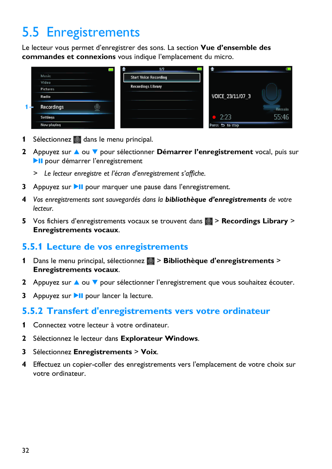 Philips SA5295BT manual Enregistrements, Lecture de vos enregistrements, Transfert denregistrements vers votre ordinateur 