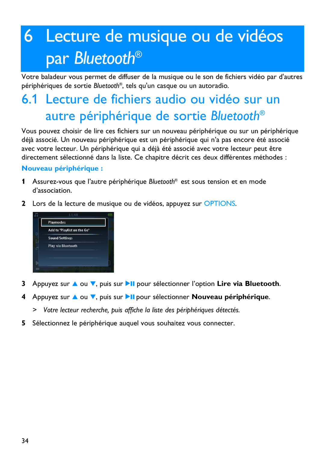 Philips SA5295BT manual Lecture de musique ou de vidéos, Nouveau périphérique 