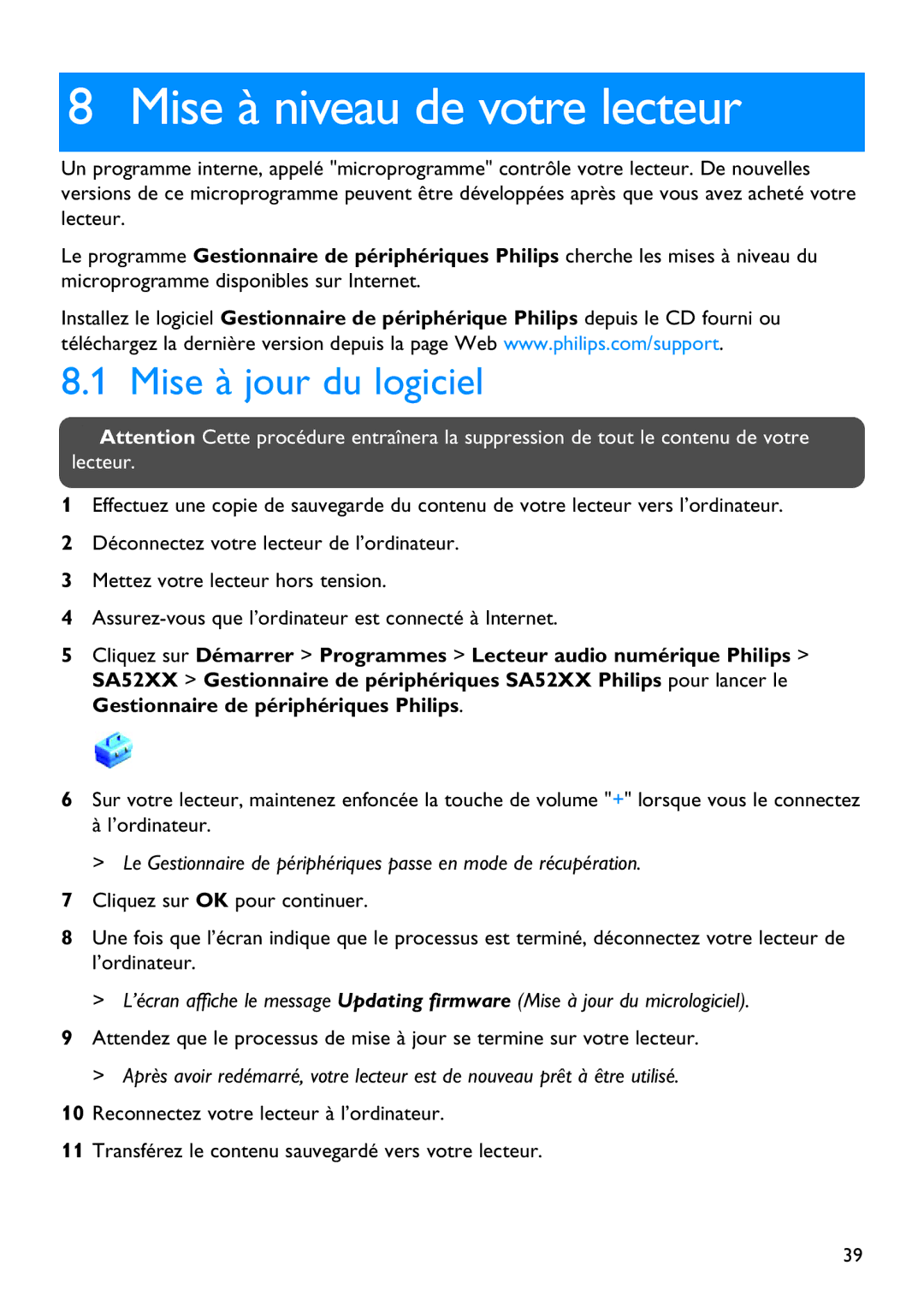 Philips SA5295BT manual Mise à niveau de votre lecteur, Mise à jour du logiciel 