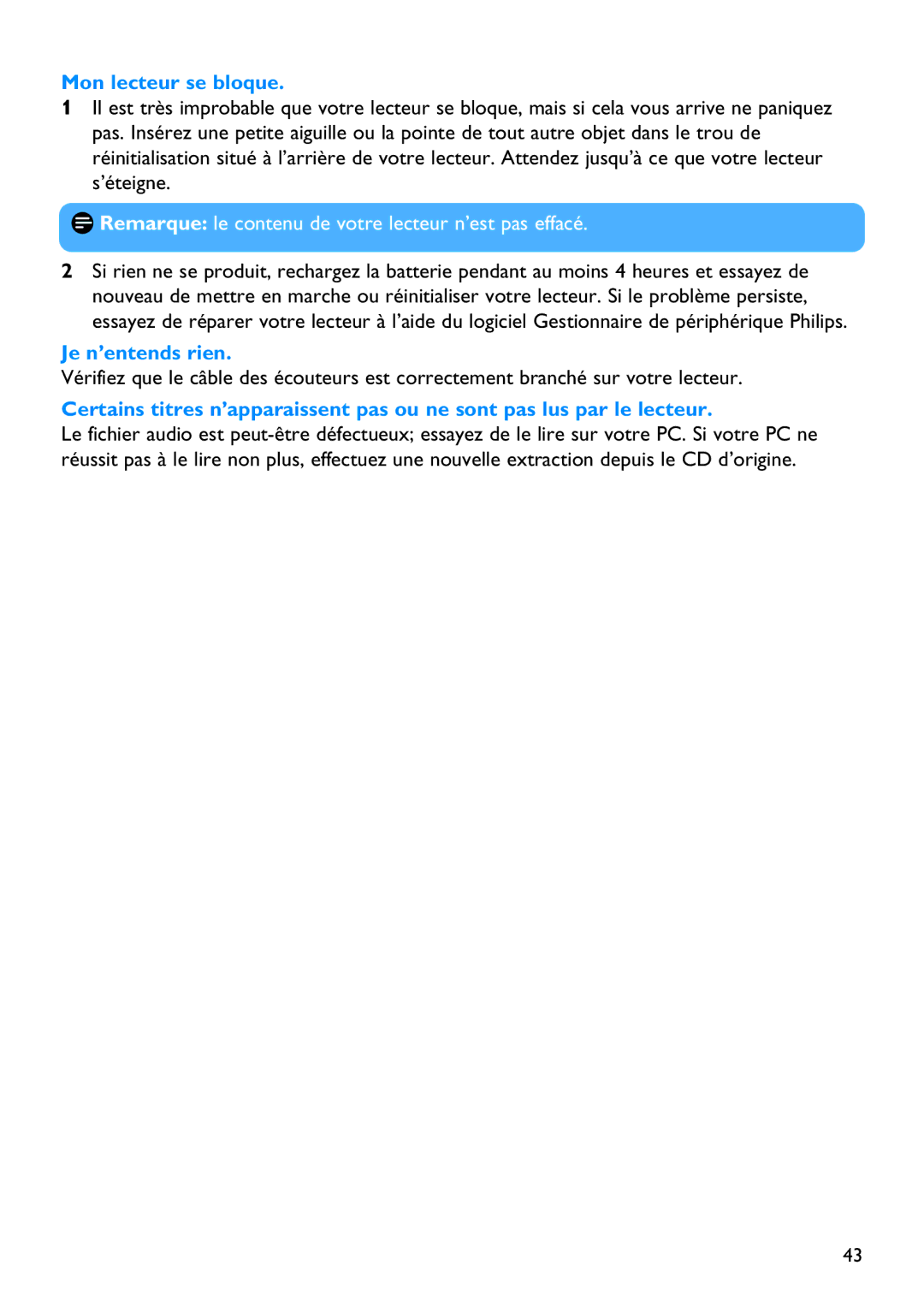 Philips SA5295BT manual Mon lecteur se bloque, Je n’entends rien 