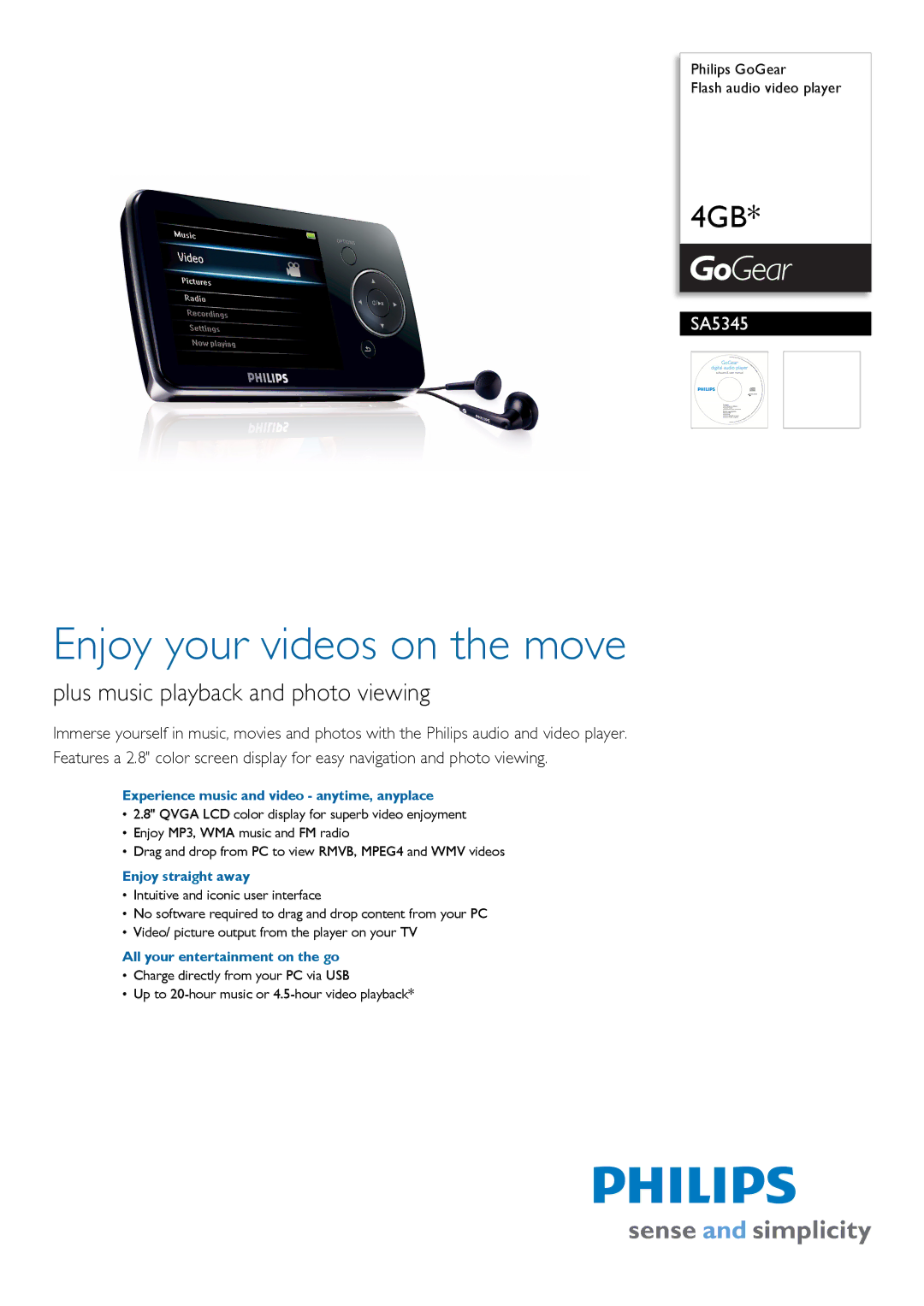 Philips SA5345 manual Experience music and video anytime, anyplace, Enjoy straight away, All your entertainment on the go 