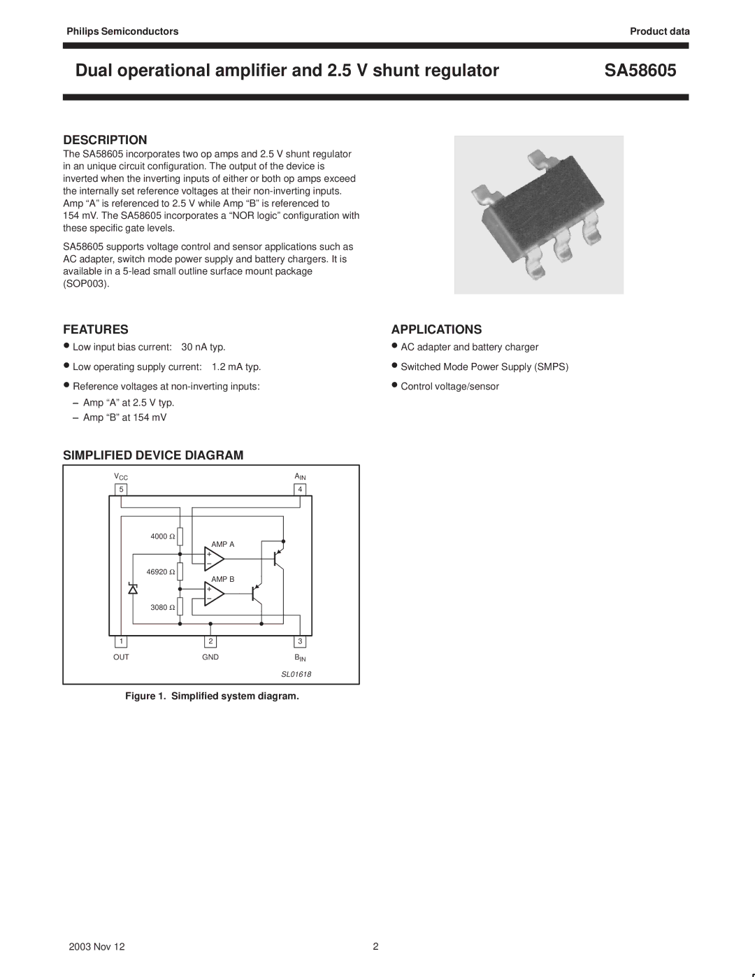 Philips SA58605 manual Description, Features, Simplified Device Diagram, Applications, Philips Semiconductors 