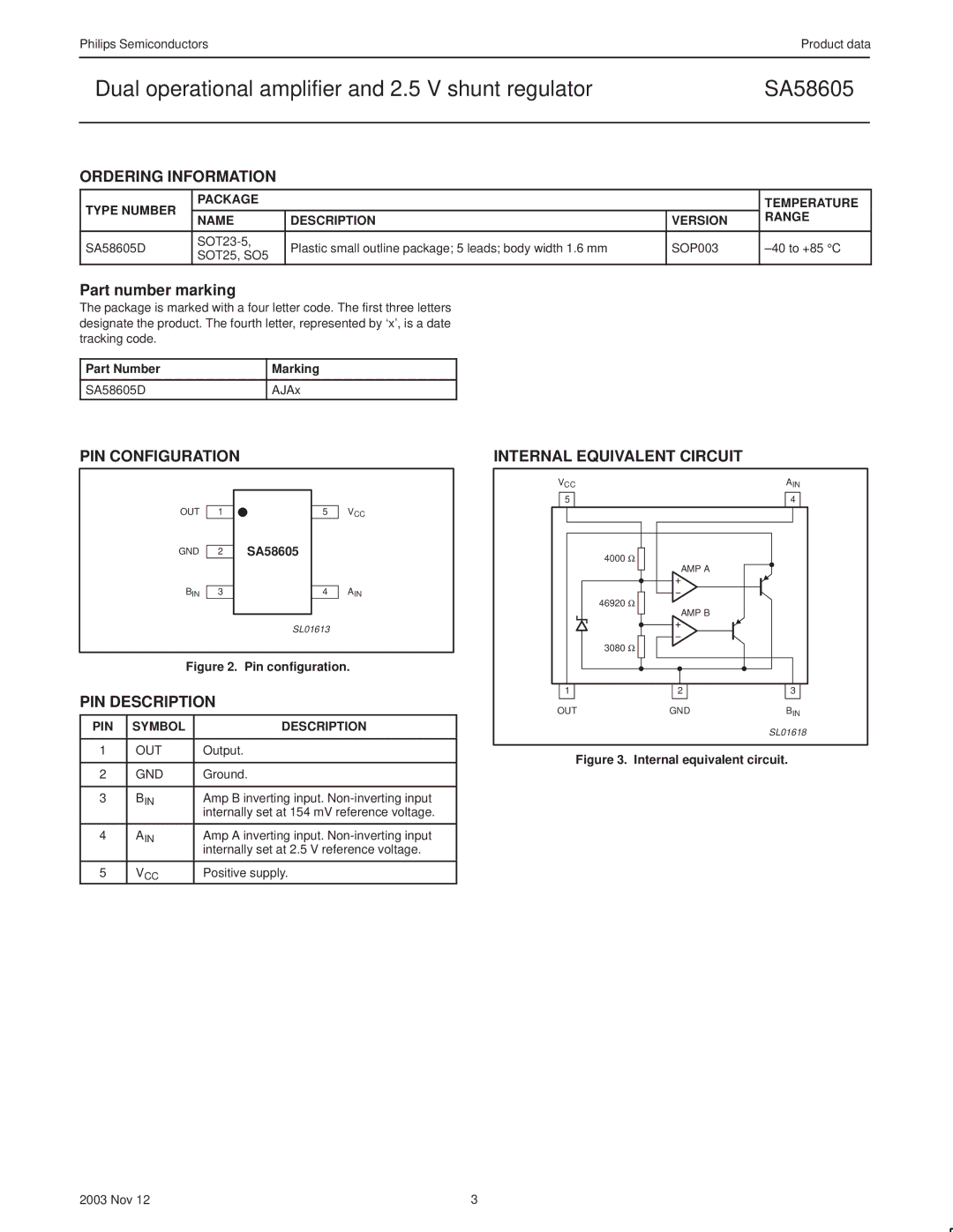 Philips SA58605 Ordering Information, Part number marking, PIN Configuration, PIN Description, Internal Equivalent Circuit 