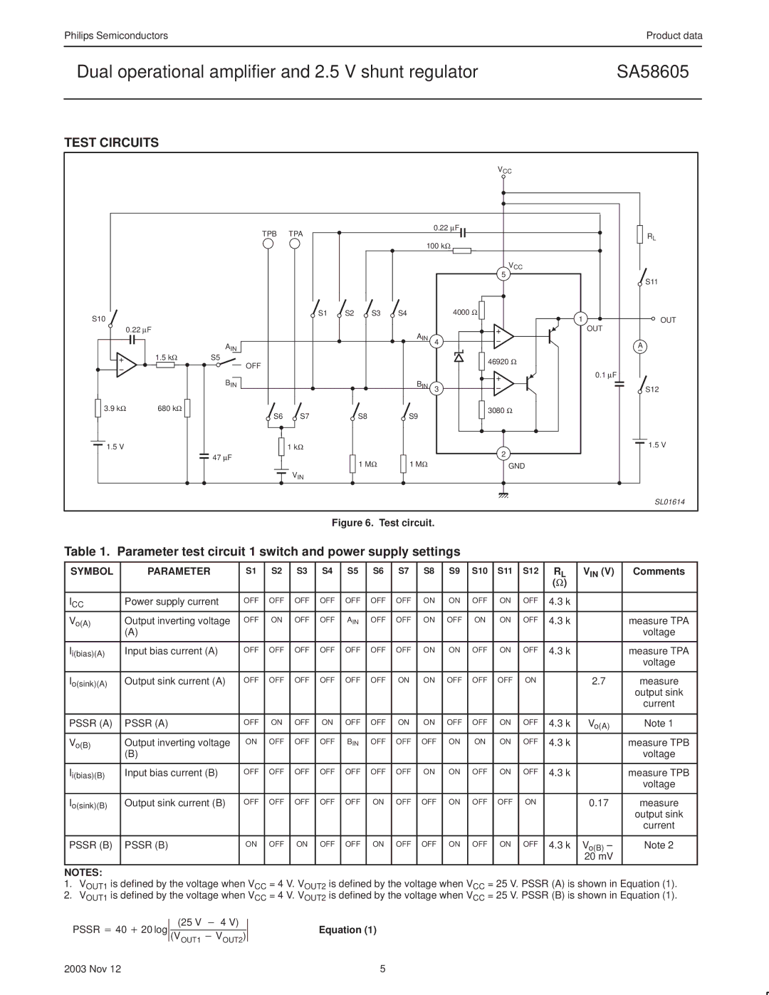 Philips SA58605 Test Circuits, Parameter test circuit 1 switch and power supply settings, Symbol Parameter, Vin, Comments 