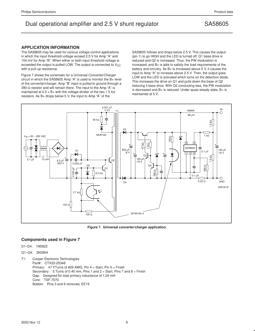 Philips SA58605 manual Application Information, Components used in Figure 