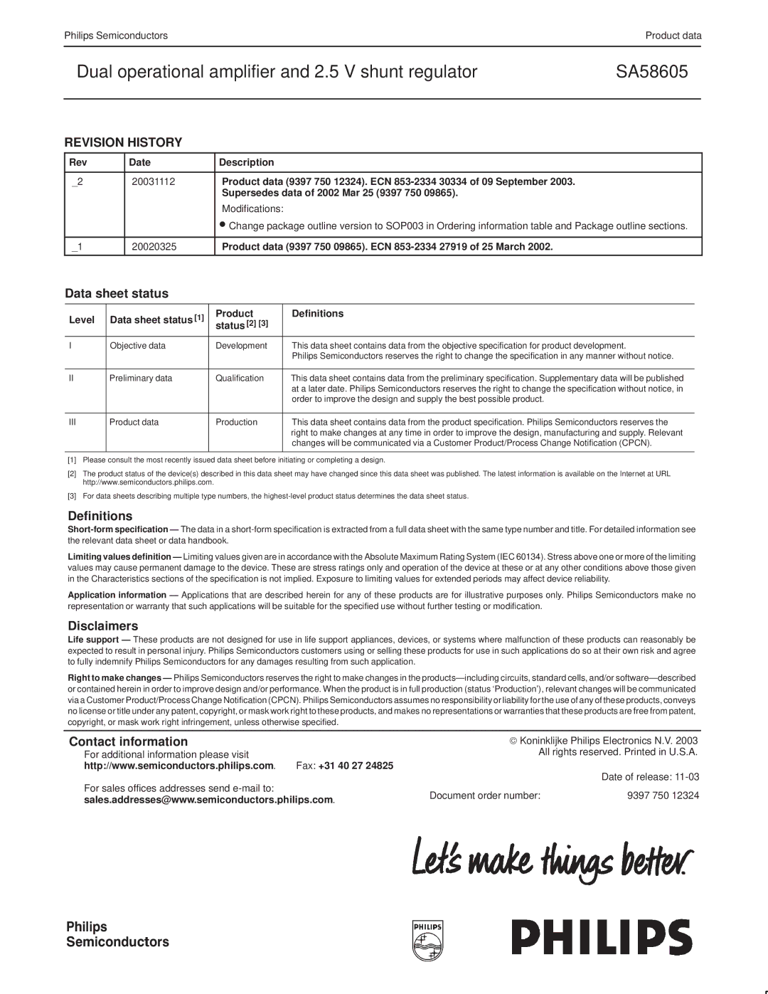 Philips SA58605 manual Revision History, Data sheet status, Definitions, Disclaimers, Contact information 