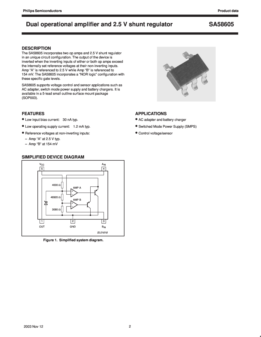 Philips SA58605 manual Description, Features, Simplified Device Diagram, Applications 