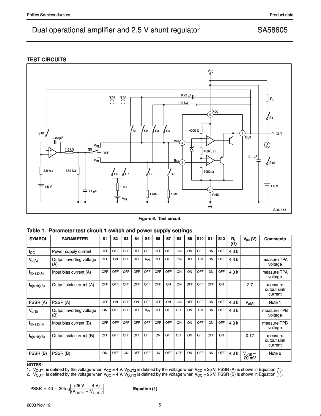 Philips SA58605 manual Test Circuits, Test circuit, Symbol, Parameter, Comments 