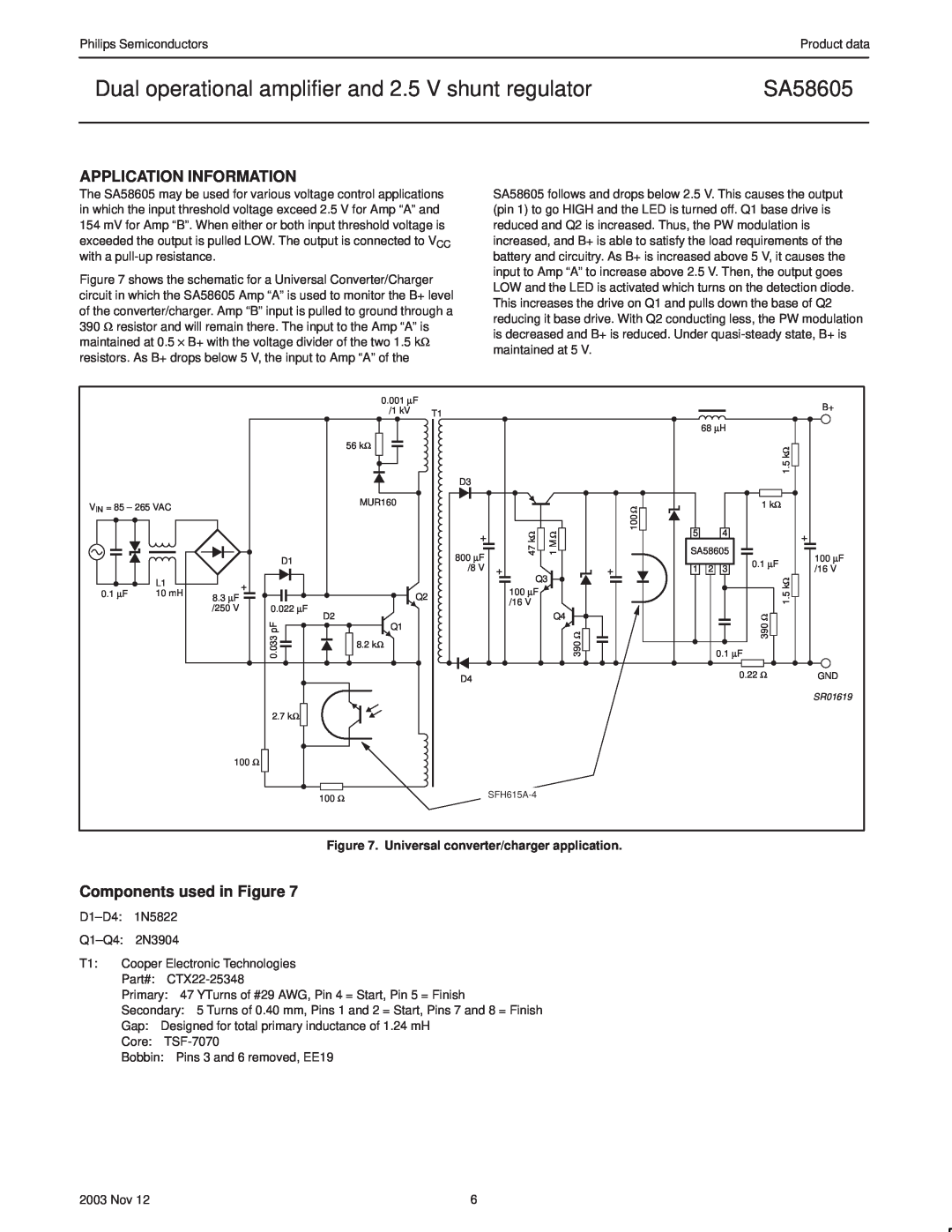 Philips SA58605 manual Application Information, Components used in Figure, Universal converter/charger application 