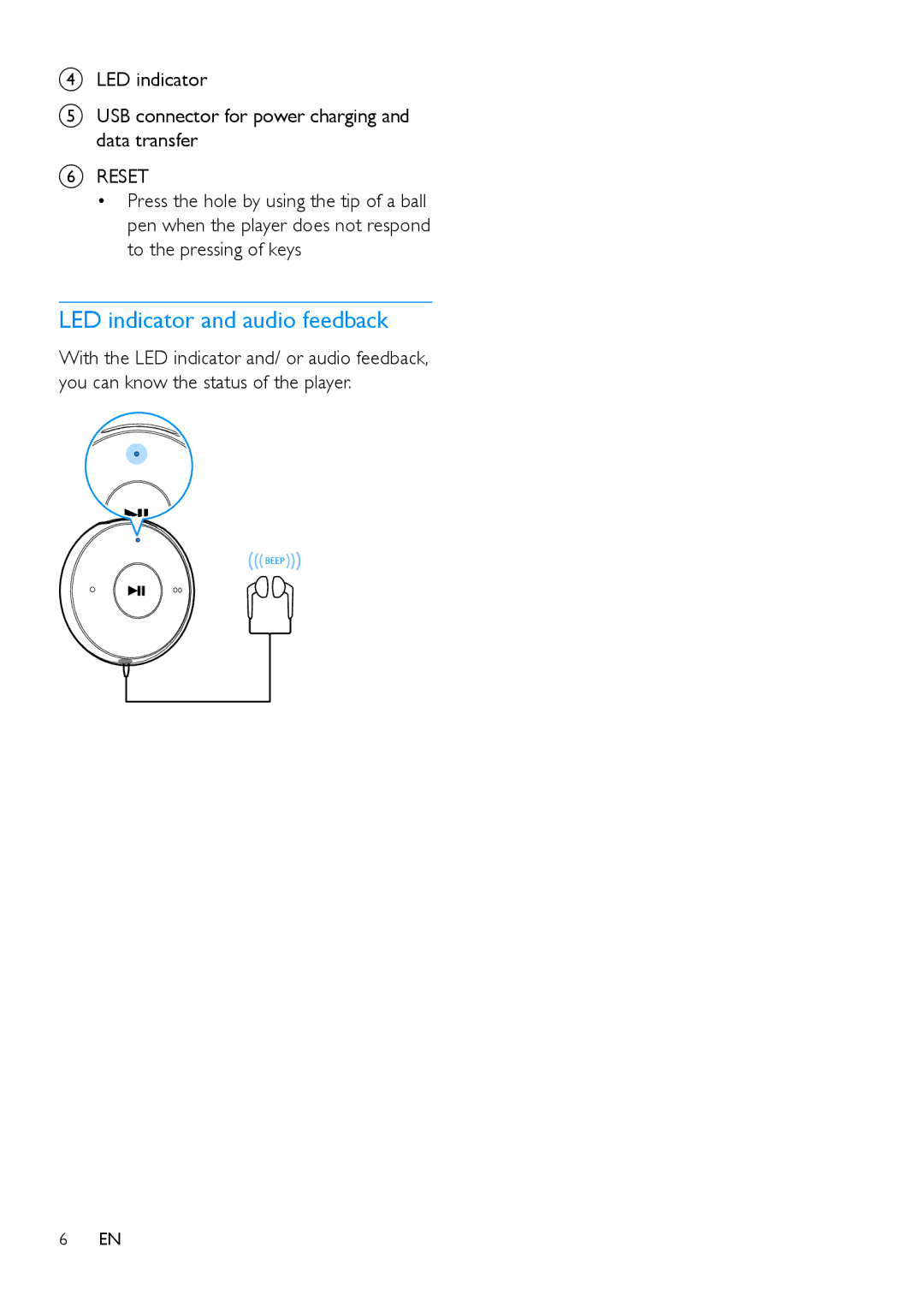 Philips SA5DOT user manual LED indicator and audio feedback, Reset 