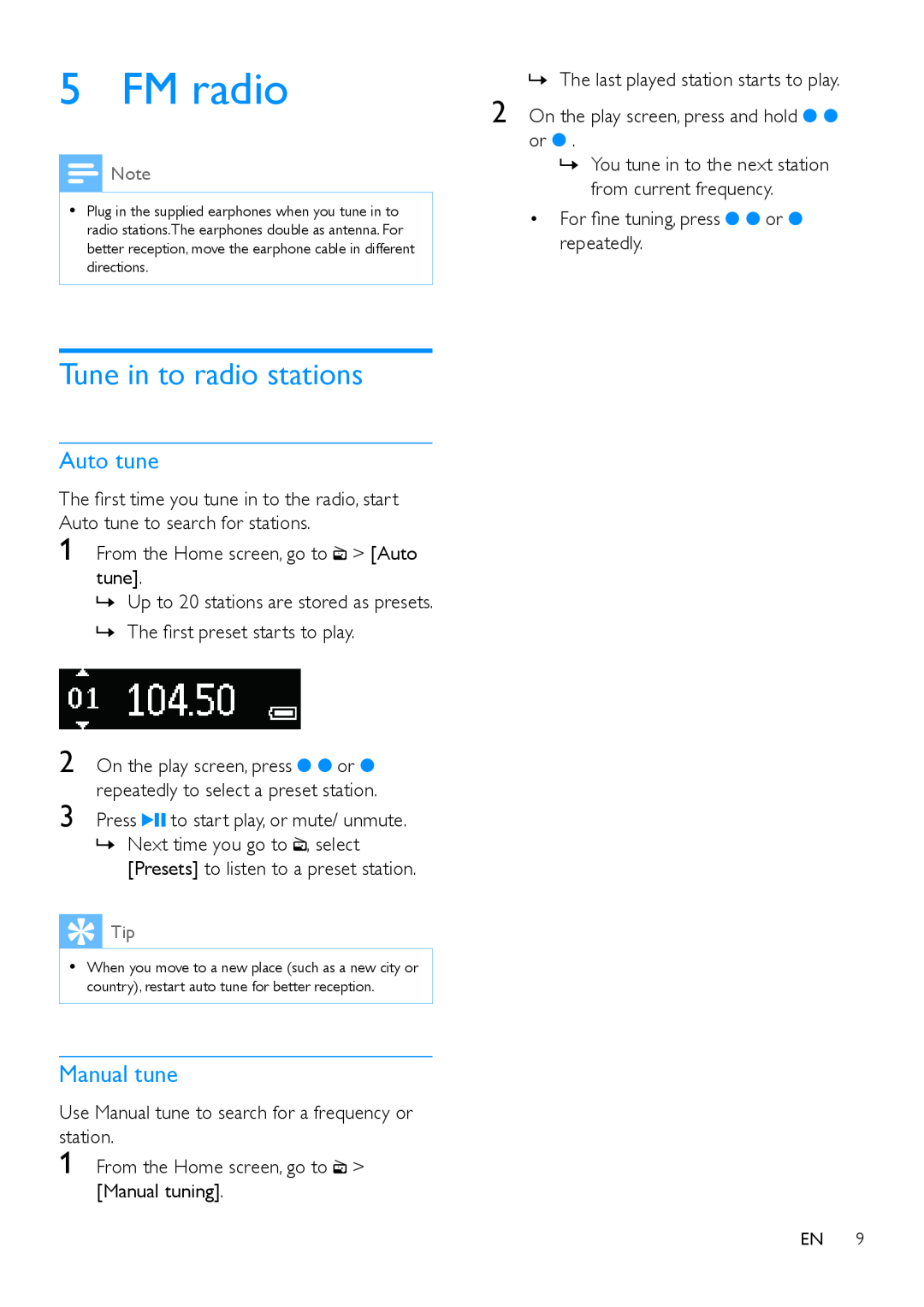 Philips SA5MXX user manual FM radio, Tune in to radio stations, Auto tune, Manual tune 