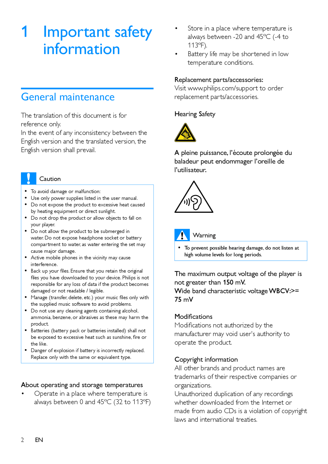 Philips SA5MXX user manual General maintenance, Important safety information 