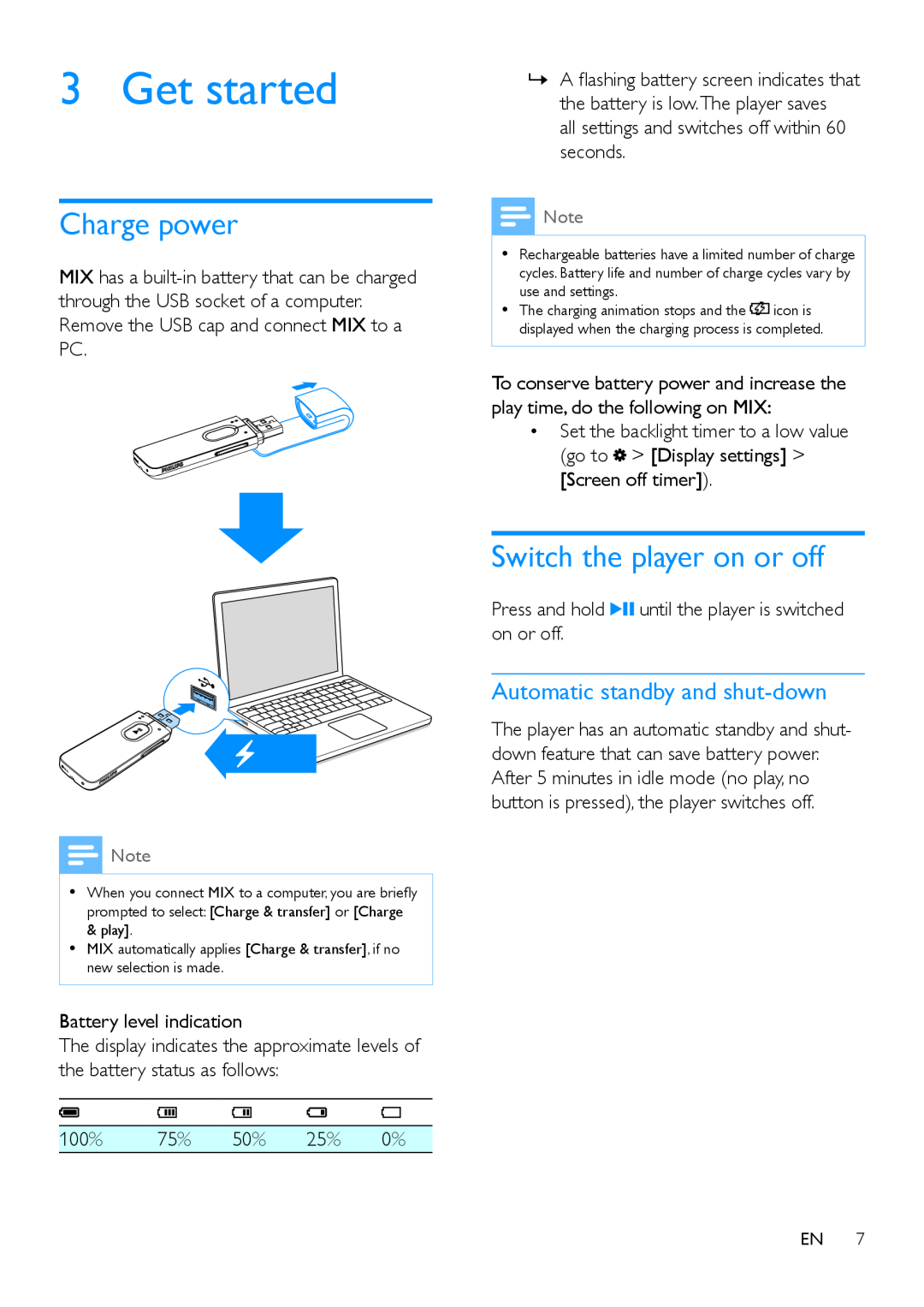 Philips SA5MXX user manual Get started, Charge power, Switch the player on or off, Automatic standby and shut-down 