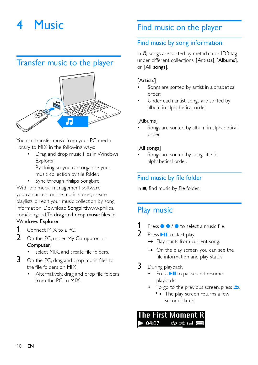 Philips SA5MXX user manual Music, Transfer music to the player, Find music on the player, Play music 