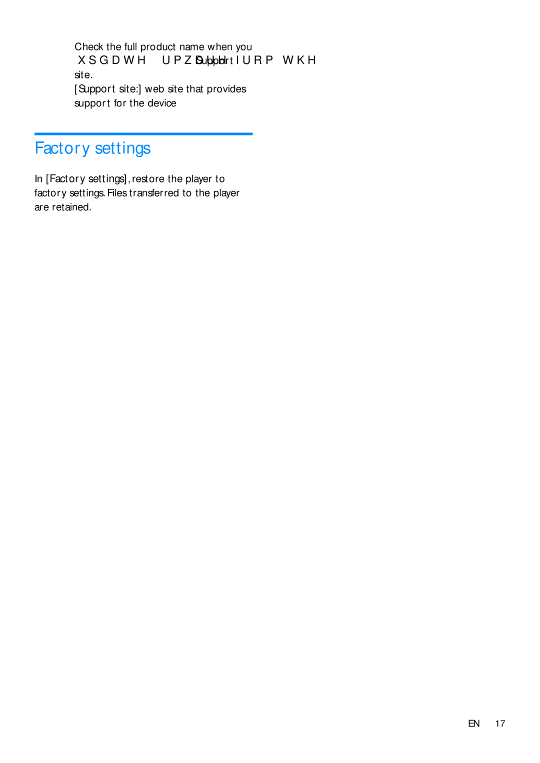 Philips SA5MXX user manual Factory settings 