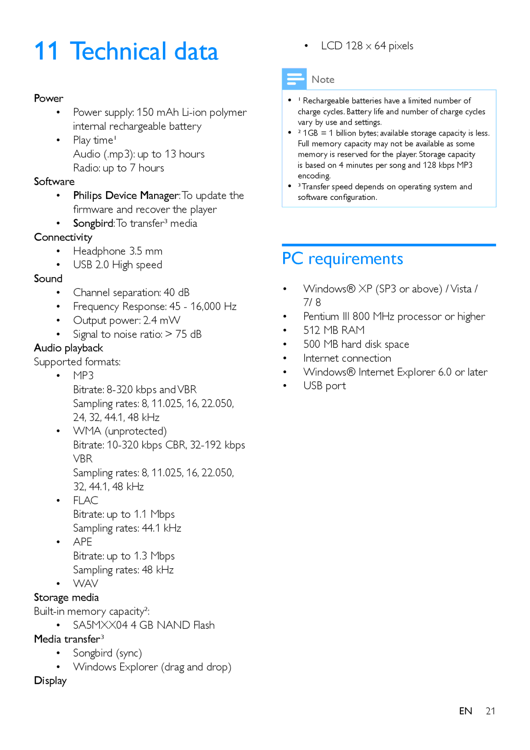 Philips SA5MXX user manual Technical data, PC requirements 