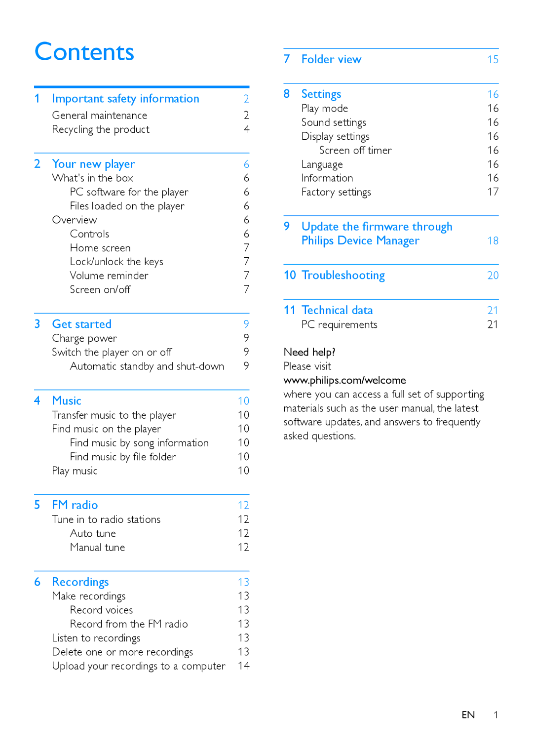 Philips SA5MXX user manual Contents 