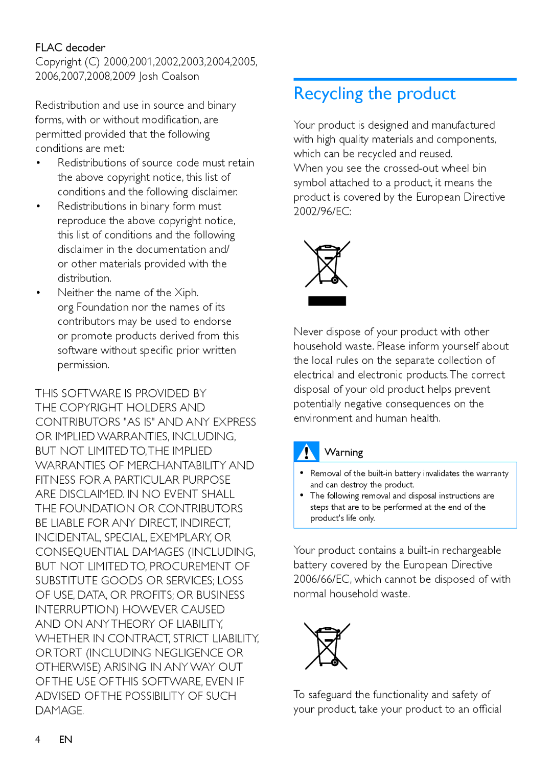 Philips SA5MXX user manual Recycling the product, Flac decoder 