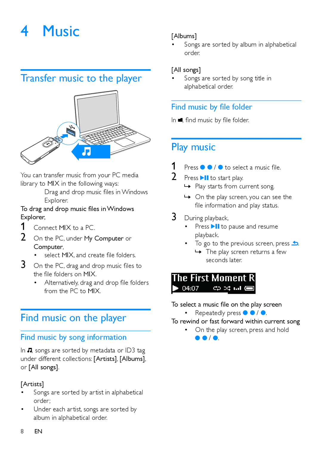 Philips SA5MXX user manual Music, Transfer music to the player, Find music on the player, Play music 