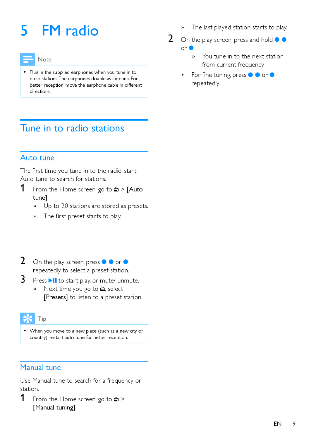 Philips SA5MXX user manual FM radio, Tune in to radio stations, Auto tune, Manual tune 