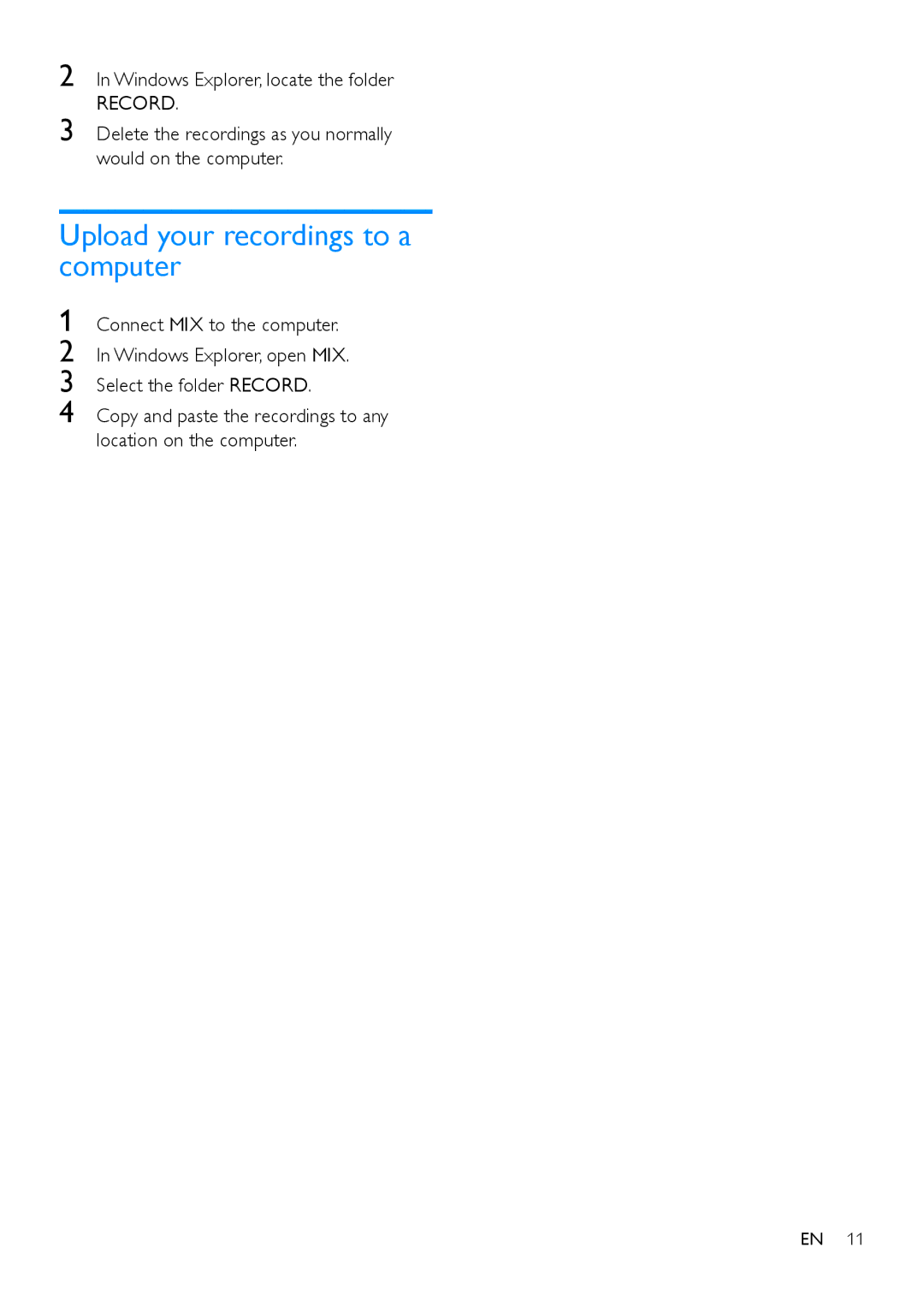 Philips SA5MXX user manual Upload your recordings to a computer, Windows Explorer, locate the folder 