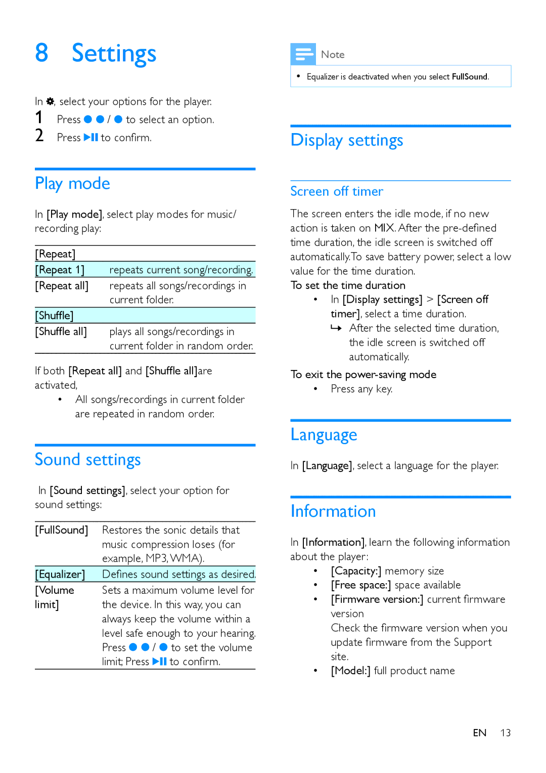 Philips SA5MXX user manual Settings 