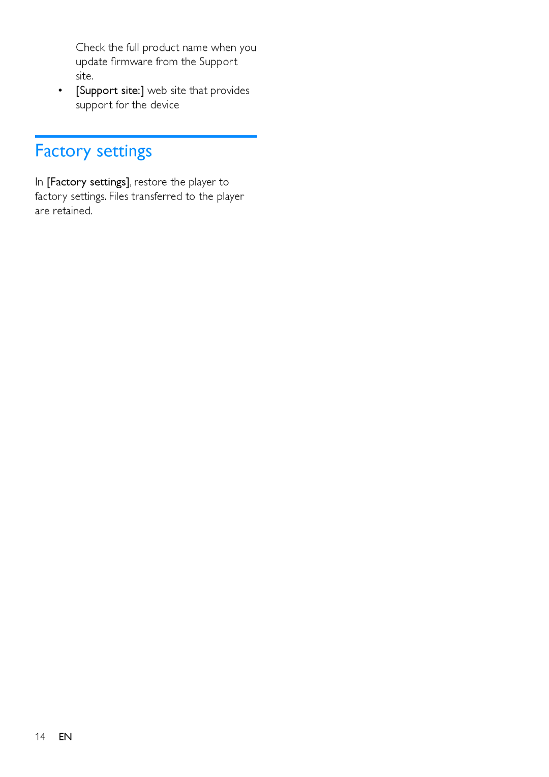 Philips SA5MXX user manual Factory settings 