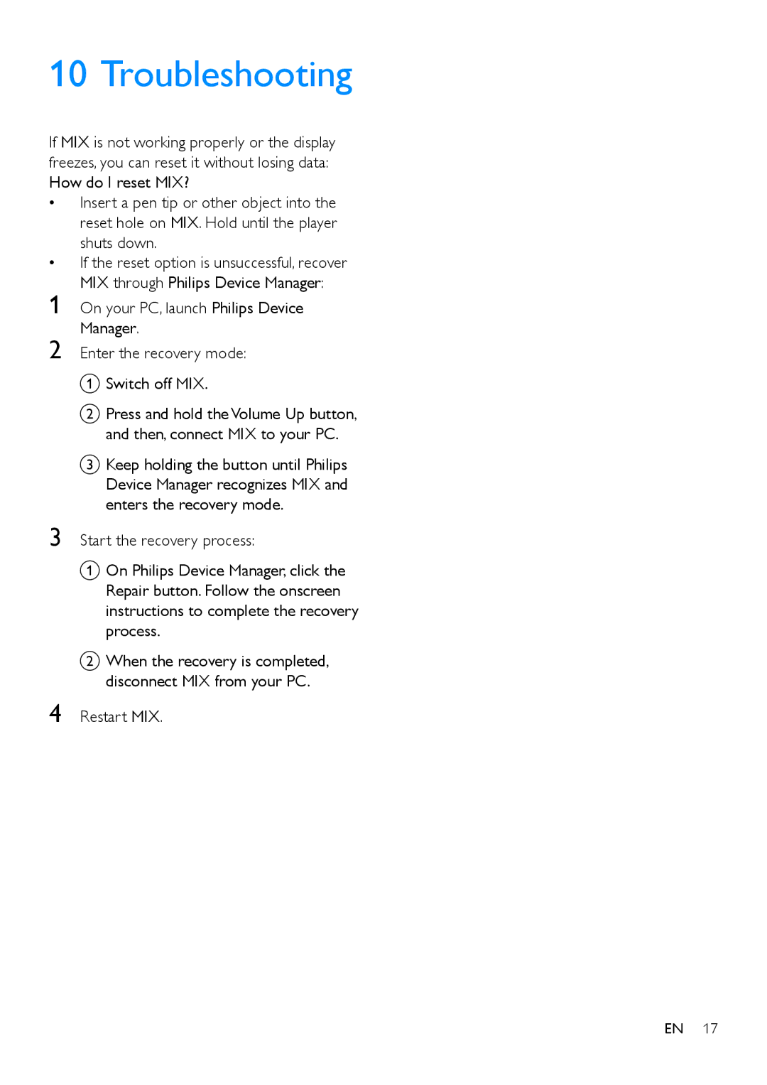 Philips SA5MXX user manual Troubleshooting, Restart MIX 