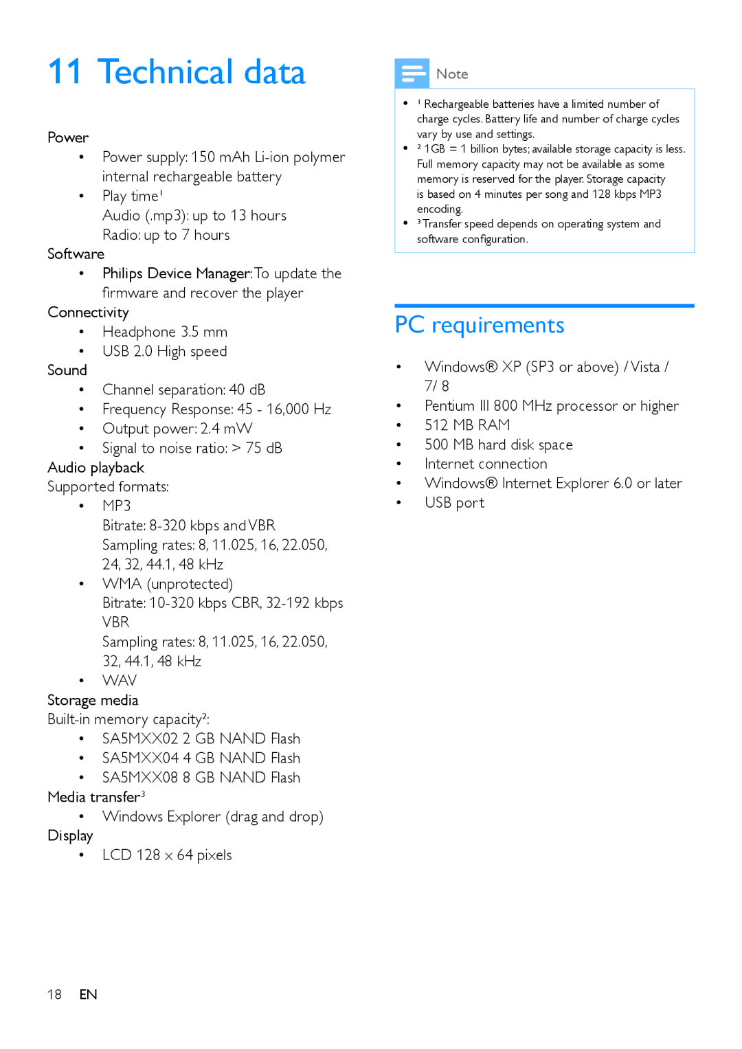 Philips SA5MXX user manual Technical data, PC requirements, Power, Sampling rates 8, 11.025, 16, 22.050, 32, 44.1, 48 kHz 