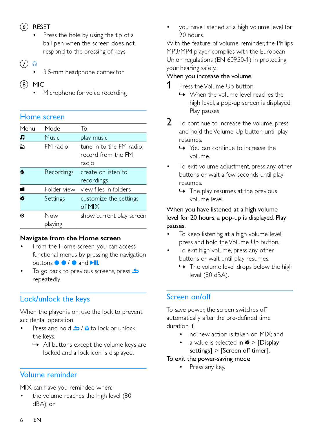 Philips SA5MXX user manual Home screen, Lock/unlock the keys, Volume reminder, Screen on/off 