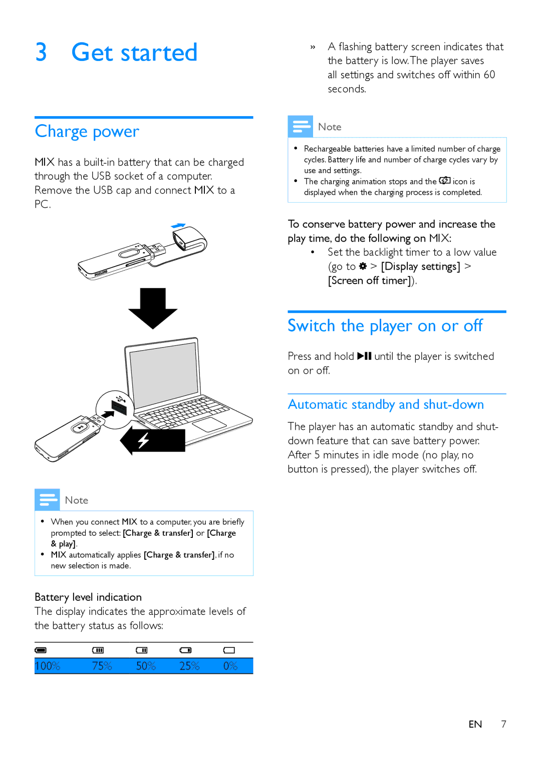 Philips SA5MXX user manual Get started, Charge power, Switch the player on or off, Automatic standby and shut-down 