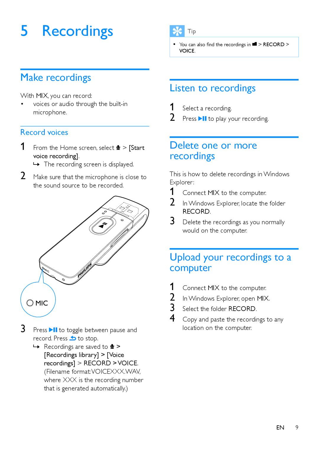 Philips SA5MXX08, SA5MXX04 user manual Recordings, Make recordings, Listen to recordings, Delete one or more recordings 