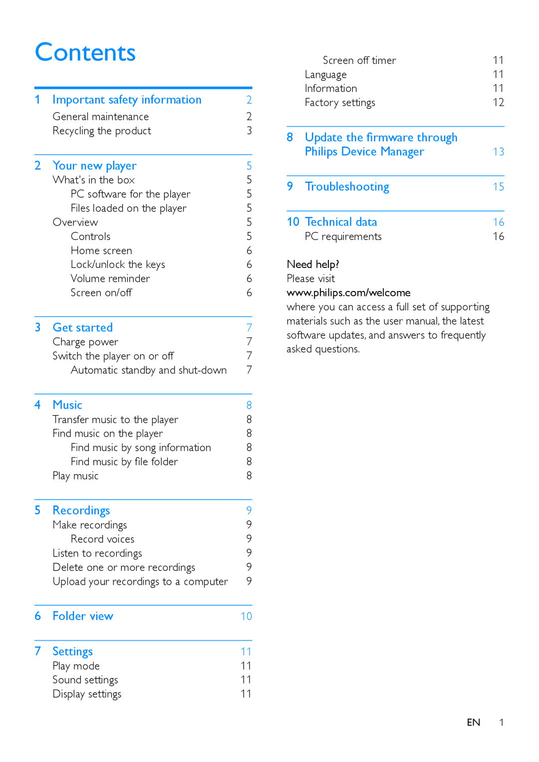 Philips SA5MXX08, SA5MXX04 user manual Contents 