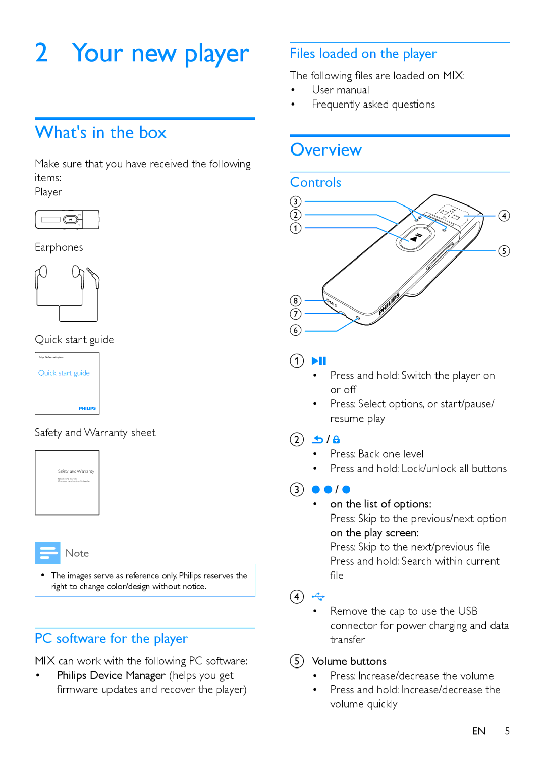 Philips SA5MXX08, SA5MXX04 user manual Your new player, Whats in the box, Overview 