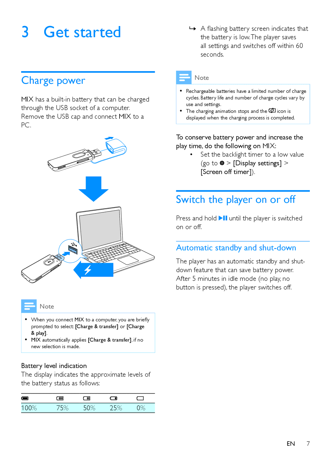 Philips SA5MXX08, SA5MXX04 Get started, Charge power, Switch the player on or off, Automatic standby and shut-down 