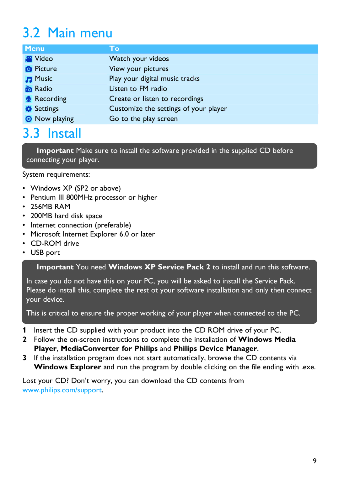 Philips SA6025 manual Main menu, Install 