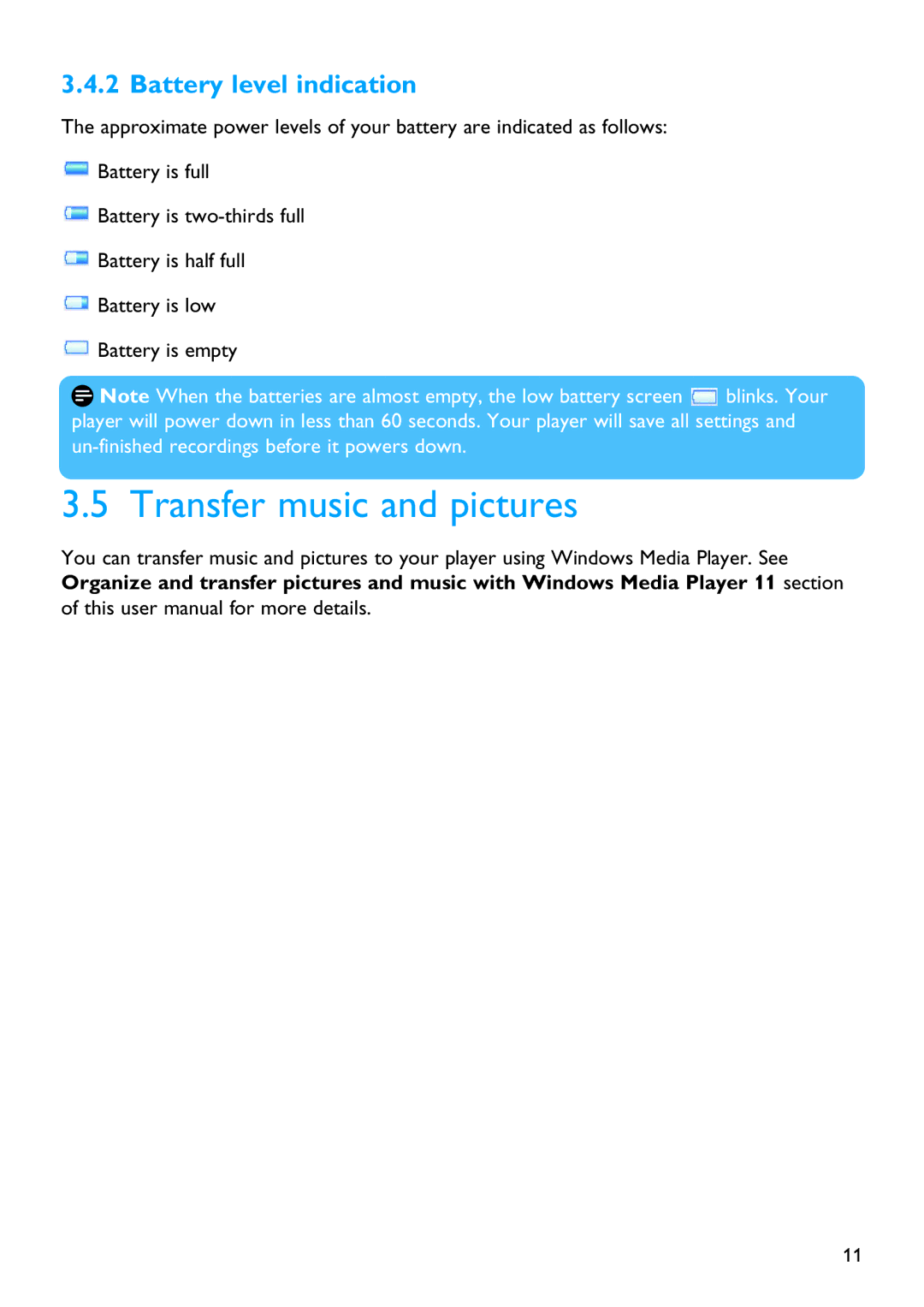 Philips SA6025 manual Transfer music and pictures, Battery level indication 