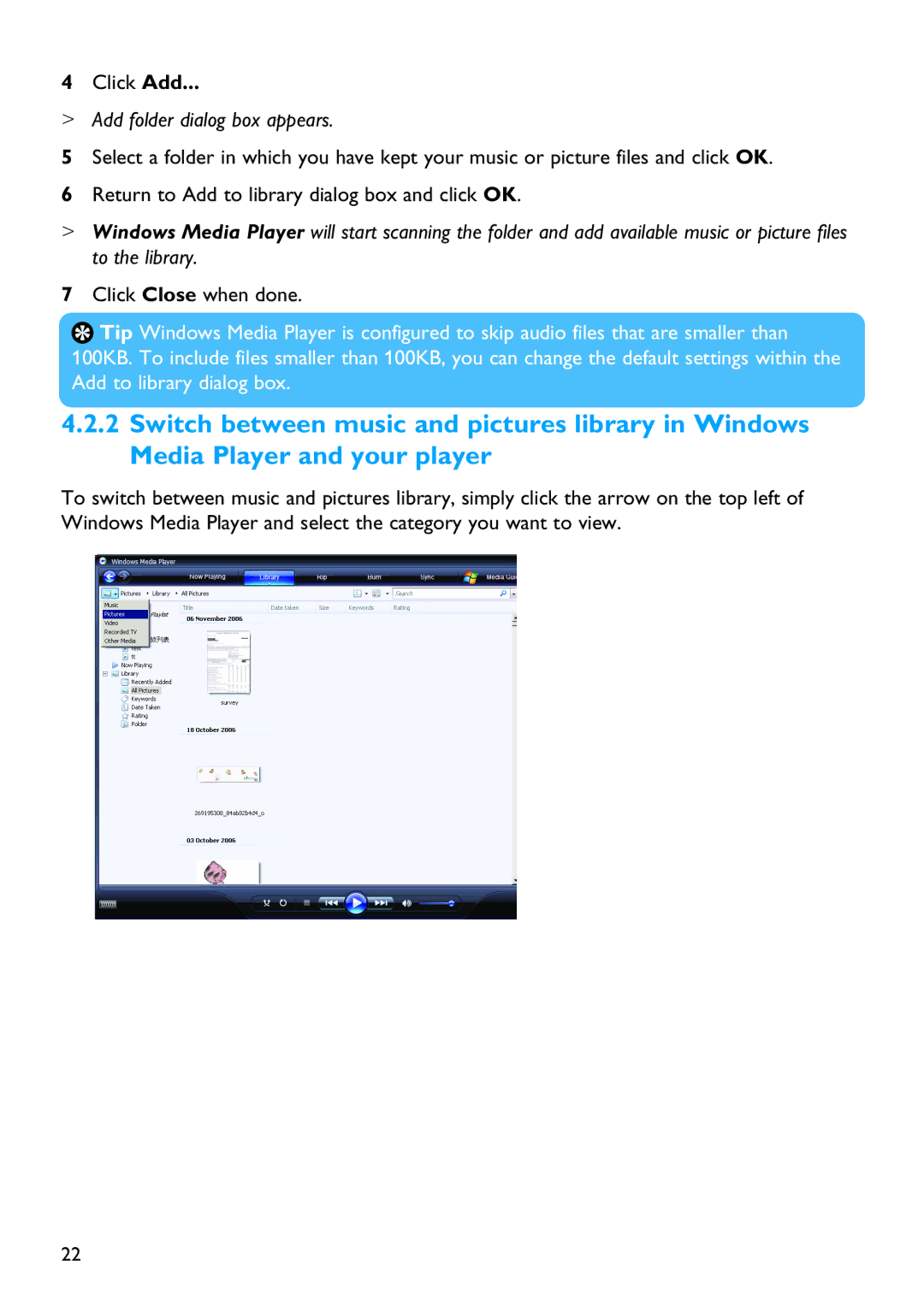 Philips SA6025 manual Click Add, Add folder dialog box appears 