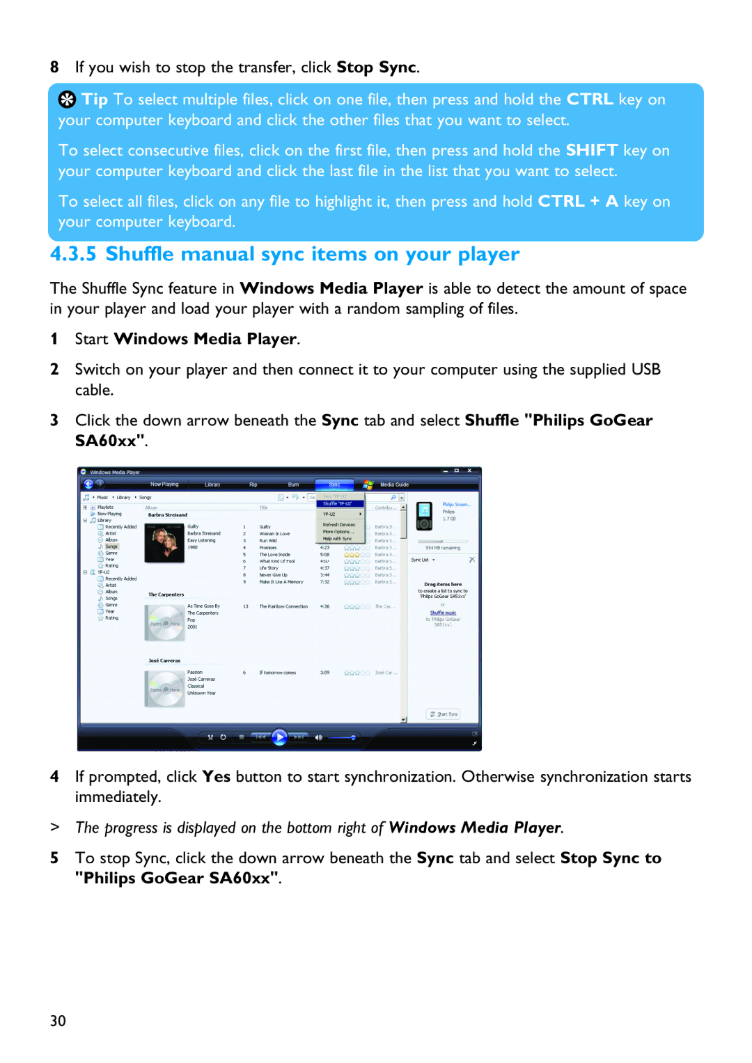 Philips SA6025 Shuffle manual sync items on your player, If you wish to stop the transfer, click Stop Sync 