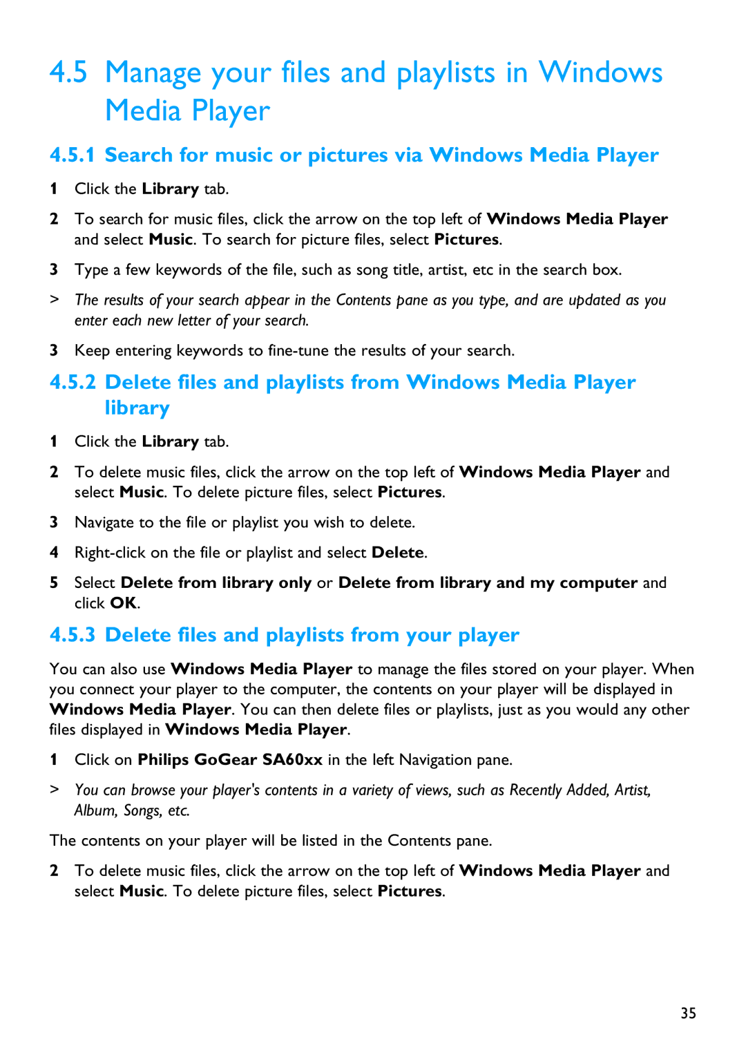 Philips SA6025 manual Manage your files and playlists in Windows Media Player, Delete files and playlists from your player 