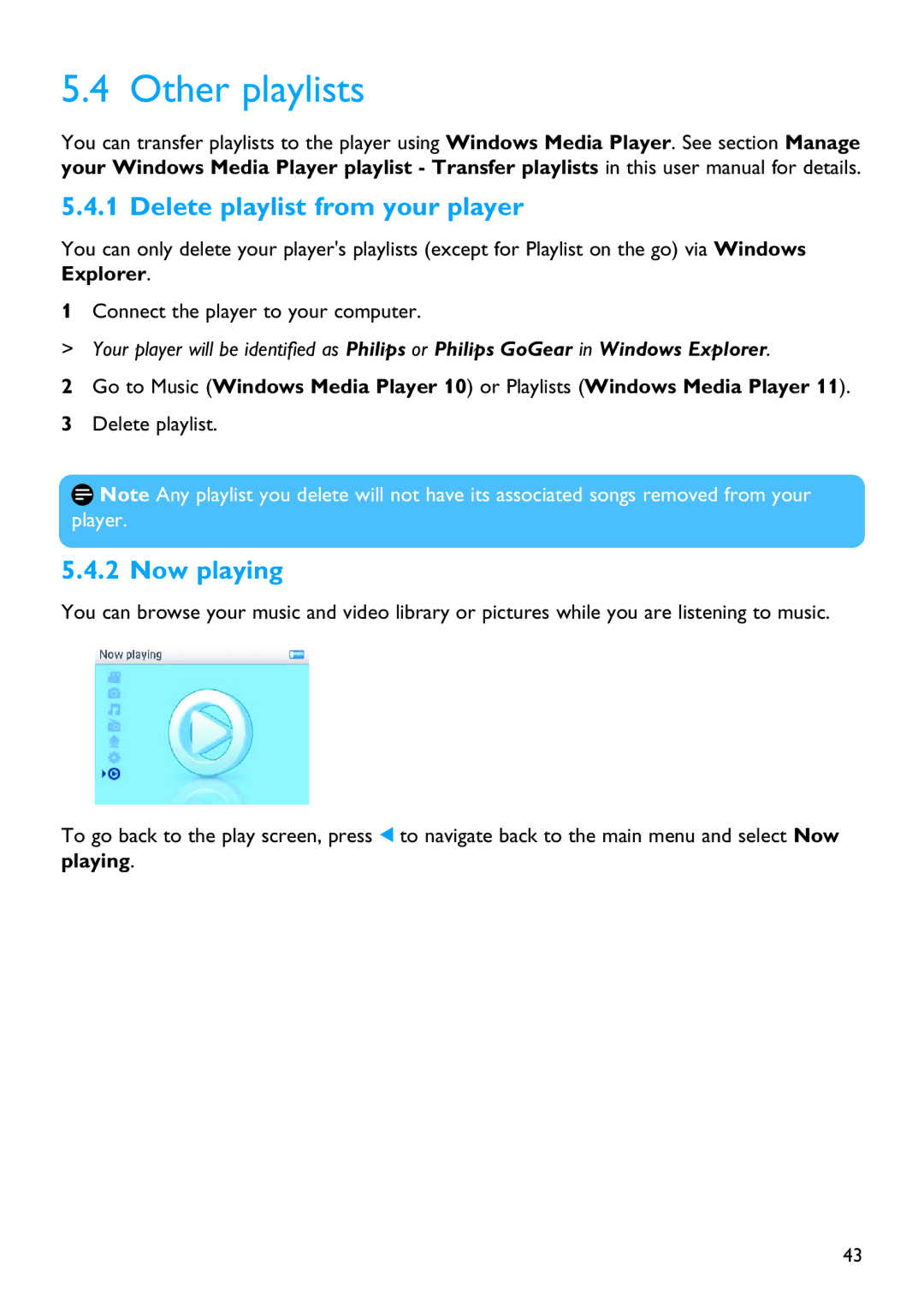 Philips SA6025 manual Other playlists, Delete playlist from your player, Now playing 