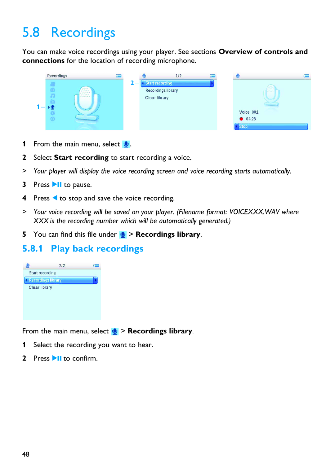 Philips SA6025 manual Recordings, Play back recordings 