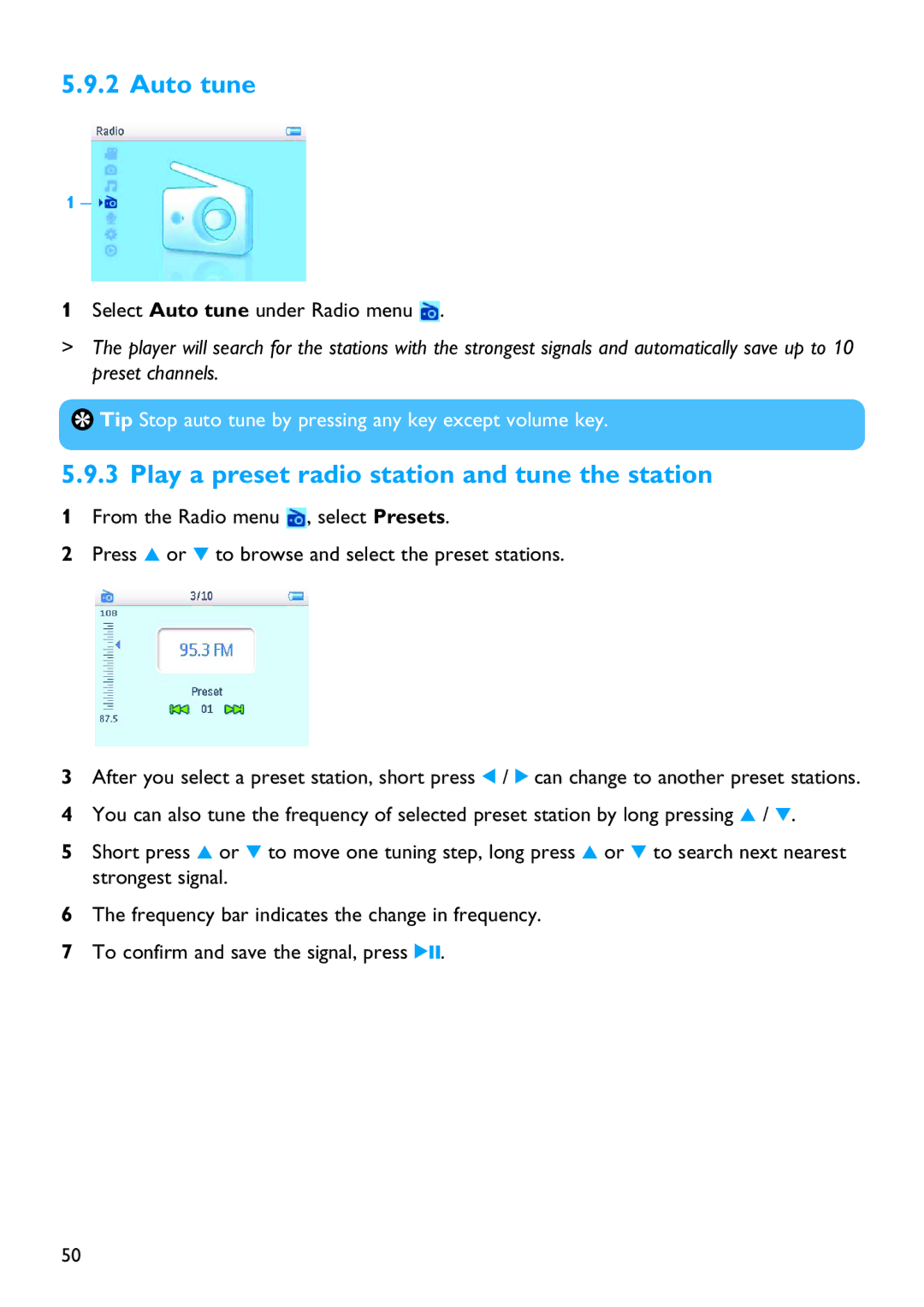 Philips SA6025 manual Auto tune, Play a preset radio station and tune the station 