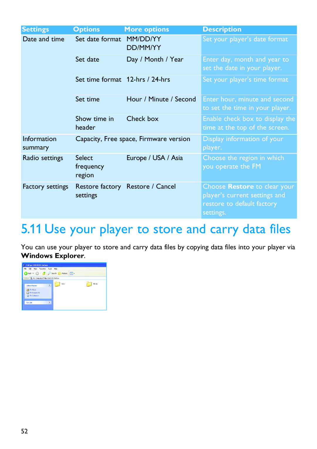 Philips SA6025 manual Use your player to store and carry data files, Dd/Mm/Yy 