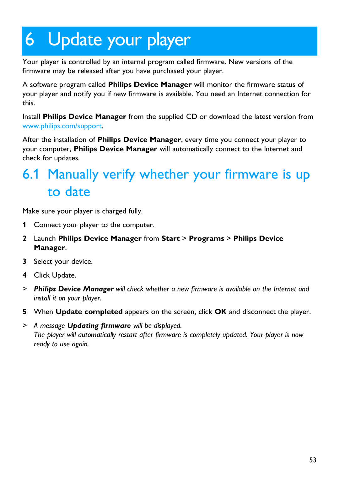 Philips SA6025 manual Update your player, Manually verify whether your firmware is up to date 