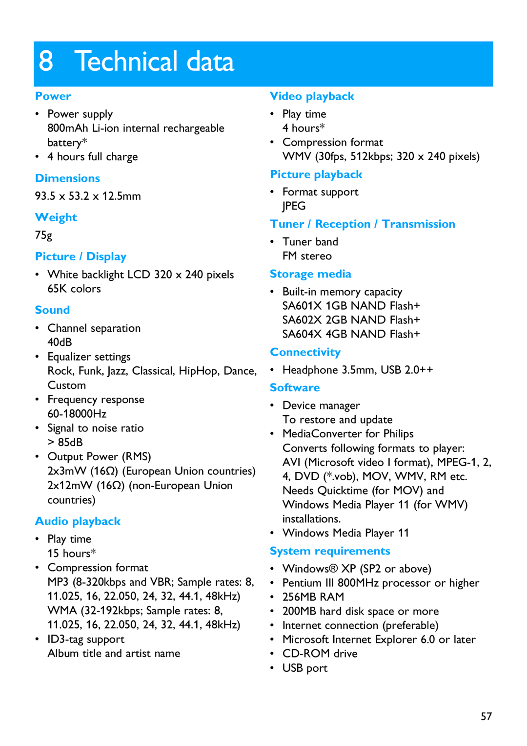 Philips SA6025 manual Technical data, Sound 