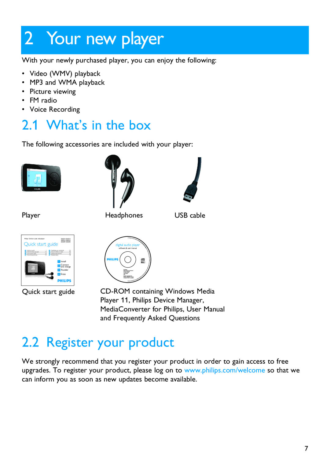 Philips SA6025 manual Your new player, What’s in the box, Register your product 