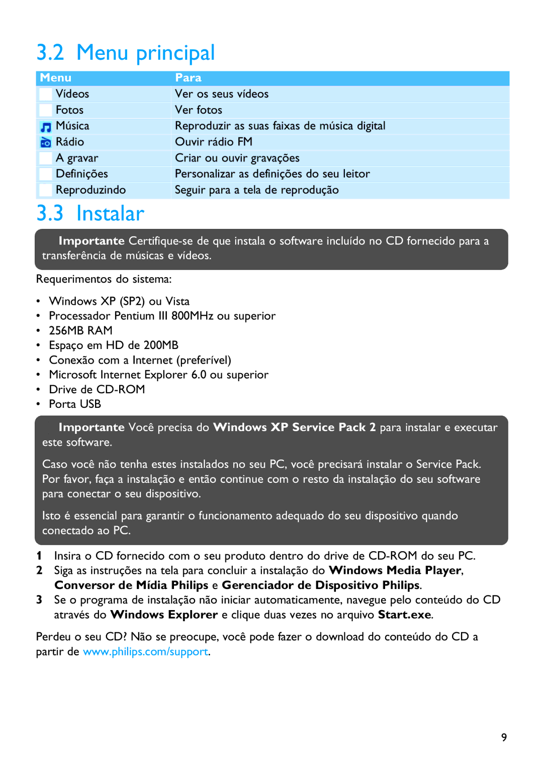 Philips SA6065, SA6045, SA6087, SA6024, SA6015, SA6066, SA6044, SA6046, SA6025, SA6014 manual Menu principal, Instalar 